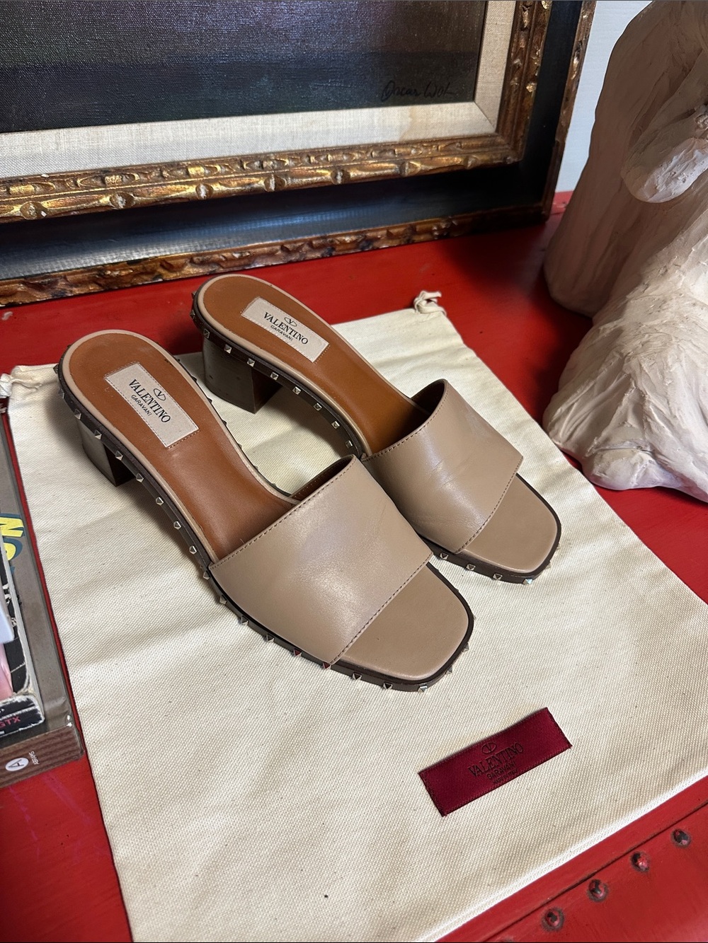 Valentino Garavani Soul Rockstud Accents Beige Studded Leather Slides